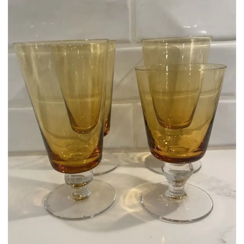 Vtg Set Of 4 Amber Crystal Iced Tea Glasses Bubble Accent Stems 3 Lg And 1 Small